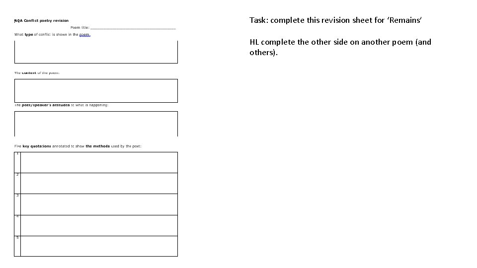 Task: complete this revision sheet for ‘Remains’ HL complete the other side on another