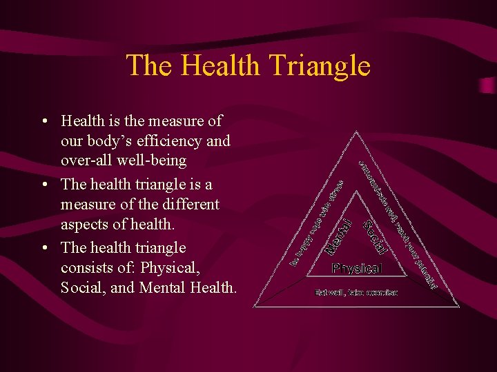 The Health Triangle • Health is the measure of our body’s efficiency and over-all