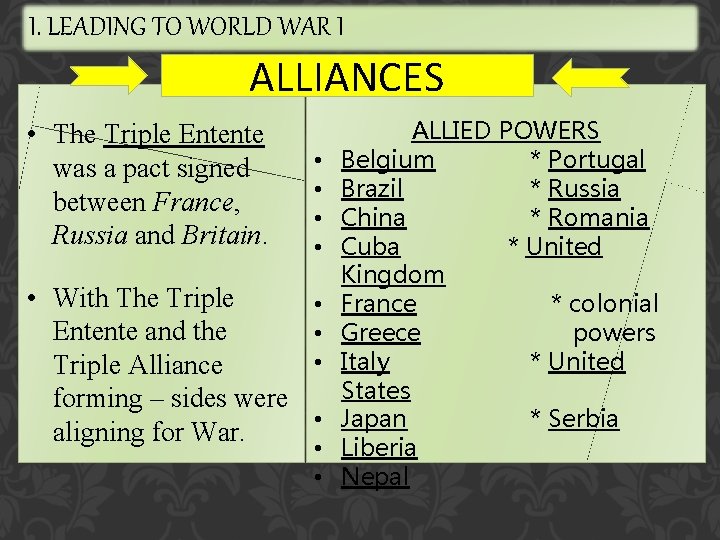 I. LEADING TO WORLD WAR I ALLIANCES • The Triple Entente was a pact