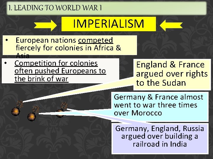 I. LEADING TO WORLD WAR I IMPERIALISM • European nations competed fiercely for colonies