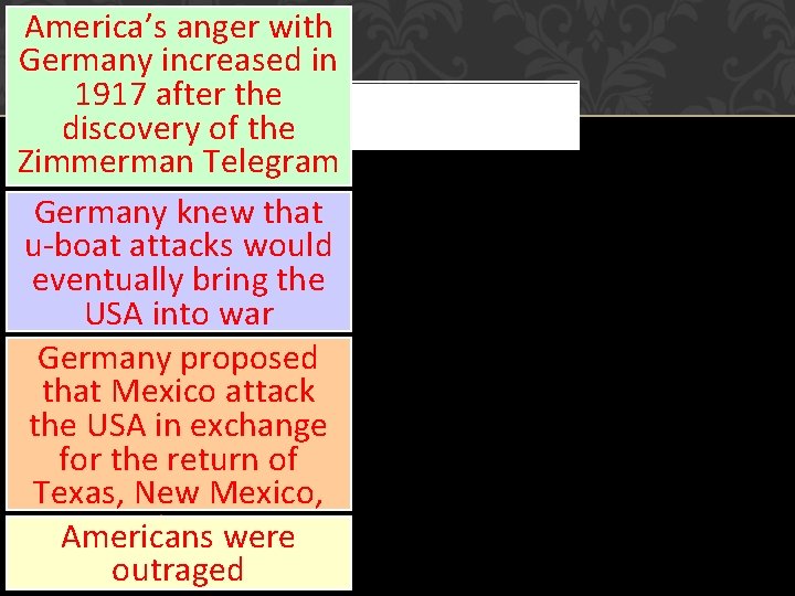 America’s anger with Germany increased in 1917 after the discovery of the Zimmerman Telegram