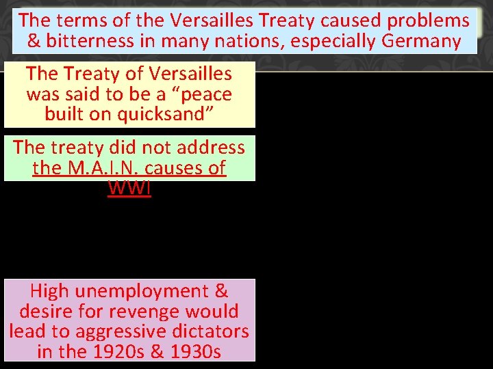 The terms Iv. After effectsof the Versailles Treaty caused problems & bitterness in many