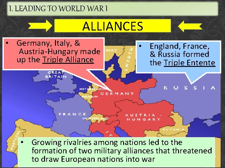 I. LEADING TO WORLD WAR I ALLIANCES • Germany, Italy, & Austria-Hungary made up