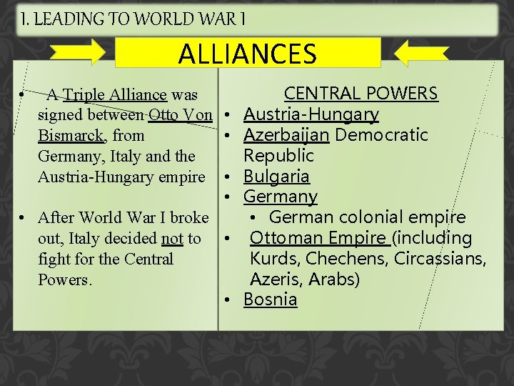 I. LEADING TO WORLD WAR I ALLIANCES CENTRAL POWERS A Triple Alliance was signed