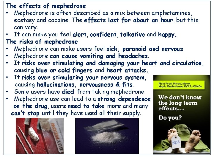 The effects of mephedrone • Mephedrone is often described as a mix between amphetamines,