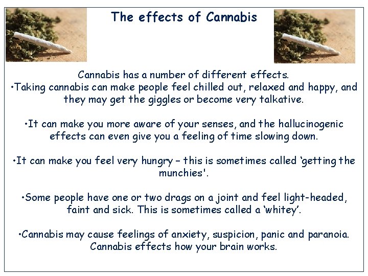The effects of Cannabis has a number of different effects. • Taking cannabis can