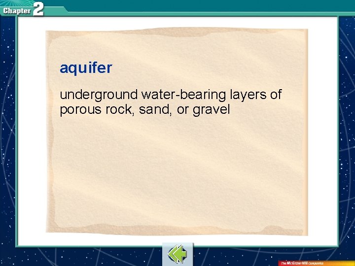 aquifer underground water-bearing layers of porous rock, sand, or gravel 