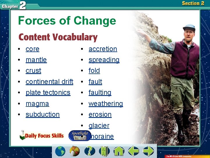 Forces of Change • core • accretion • mantle • spreading • crust •