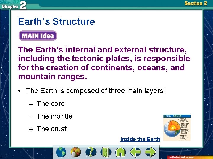 Earth’s Structure The Earth’s internal and external structure, including the tectonic plates, is responsible