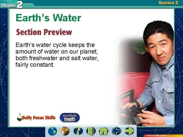 Earth’s Water Earth’s water cycle keeps the amount of water on our planet, both