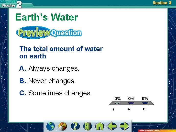 Earth’s Water The total amount of water on earth A. Always changes. B. Never