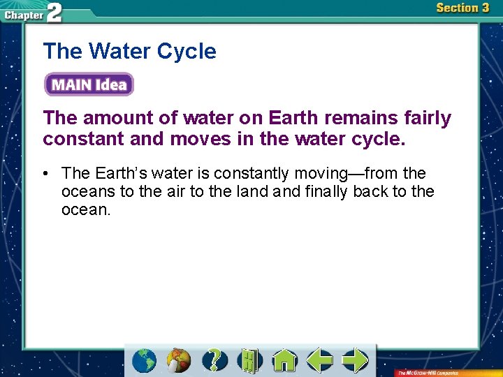 The Water Cycle The amount of water on Earth remains fairly constant and moves