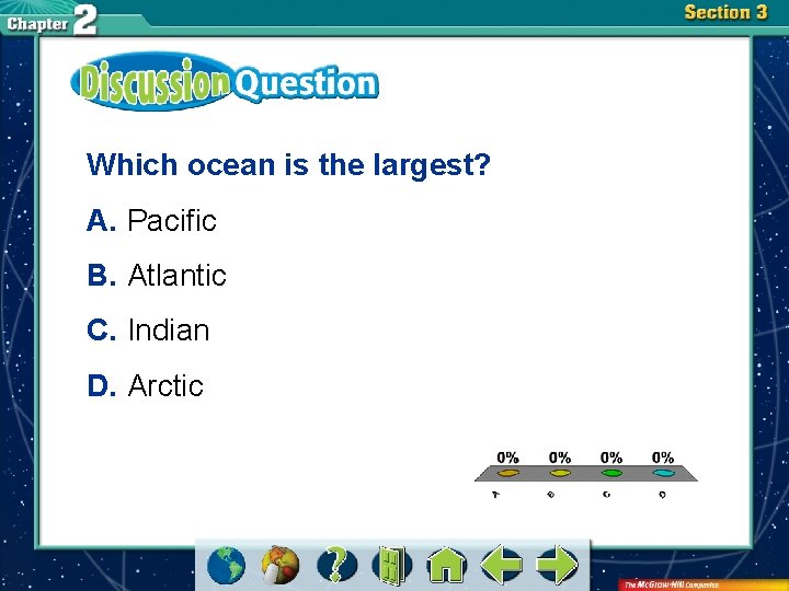 Which ocean is the largest? A. Pacific B. Atlantic C. Indian D. Arctic A.