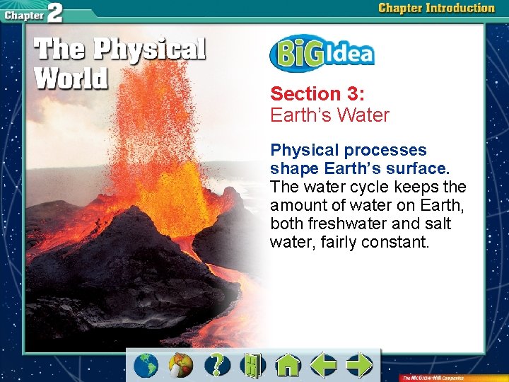 Section 3: Earth’s Water Physical processes shape Earth’s surface. The water cycle keeps the