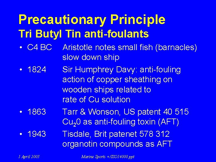 Precautionary Principle Tri Butyl Tin anti-foulants • C 4 BC • 1824 • 1863