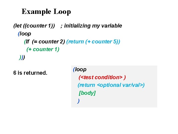 Example Loop (let ((counter 1)) ; initializing my variable (loop (If (= counter 2)