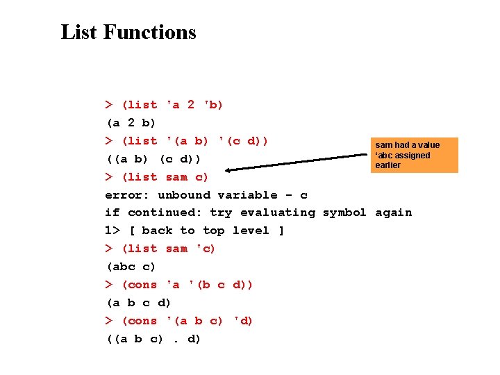 List Functions > (list 'a 2 'b) (a 2 b) > (list '(a b)