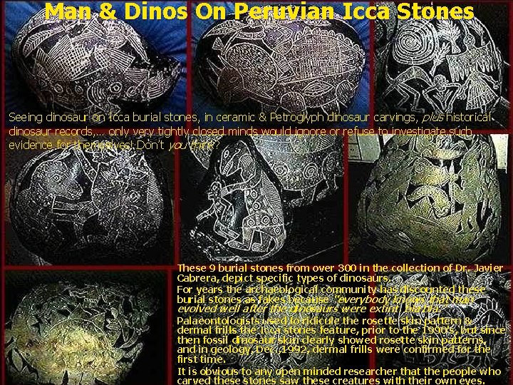 Man & Dinos On Peruvian Icca Stones Seeing dinosaur on Icca burial stones, in