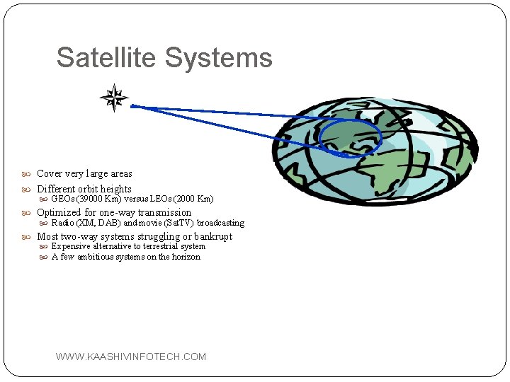 Satellite Systems Cover very large areas Different orbit heights GEOs (39000 Km) versus LEOs