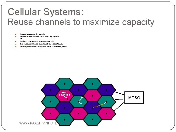 Cellular Systems: Reuse channels to maximize capacity Geographic region divided into cells Frequencies/timeslots/codes reused