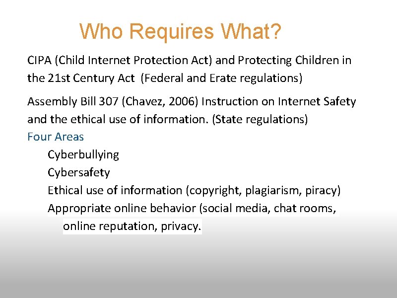 Who Requires What? 3 Objectives - Teachers will CIPA (Child Internet Protection Act) and