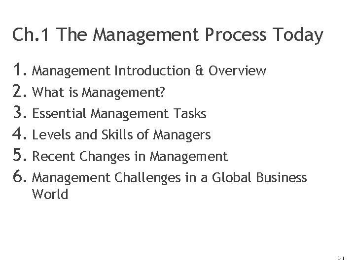 Ch. 1 The Management Process Today 1. Management Introduction & Overview 2. What is
