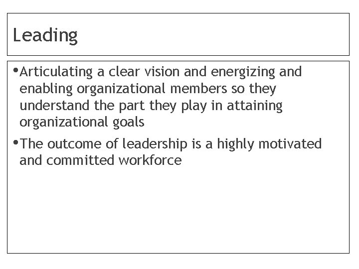 Leading • Articulating a clear vision and energizing and enabling organizational members so they
