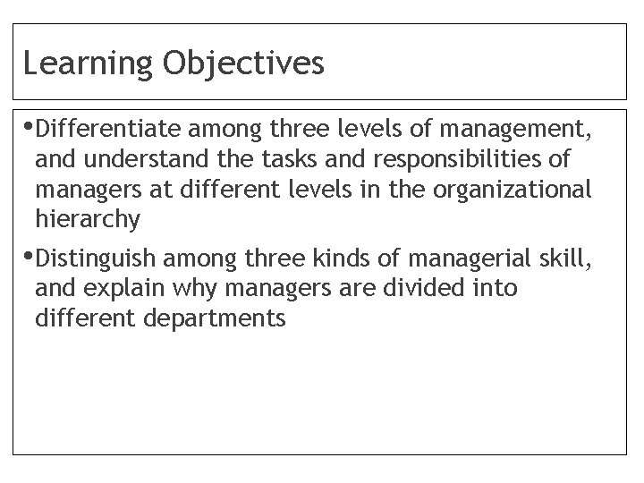 Learning Objectives • Differentiate among three levels of management, and understand the tasks and