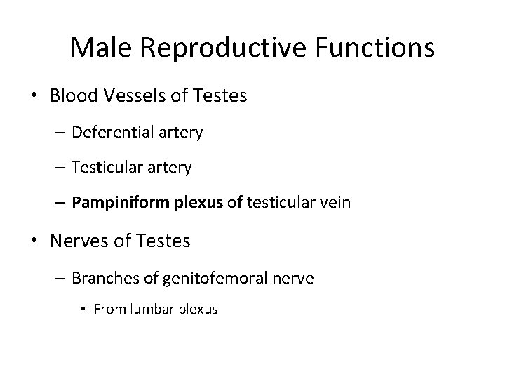 Male Reproductive Functions • Blood Vessels of Testes – Deferential artery – Testicular artery
