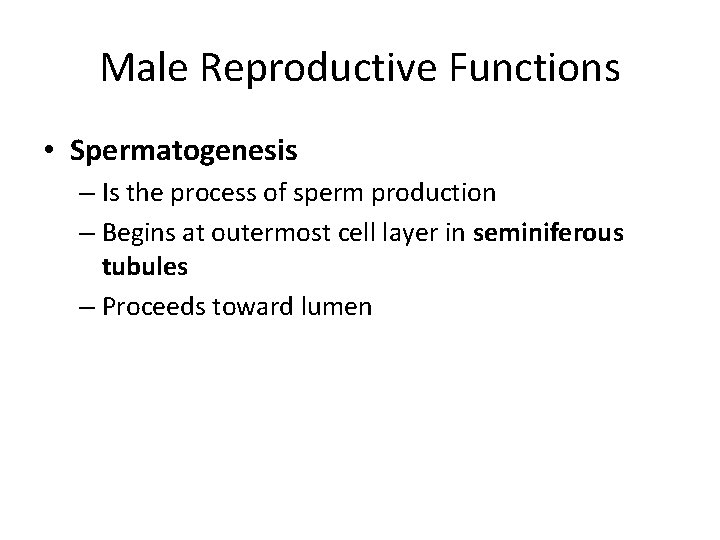Male Reproductive Functions • Spermatogenesis – Is the process of sperm production – Begins