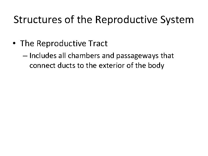 Structures of the Reproductive System • The Reproductive Tract – Includes all chambers and
