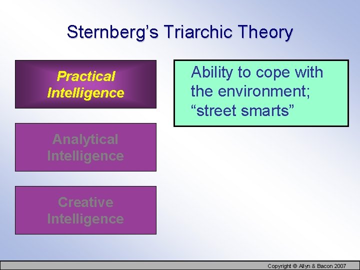 Sternberg’s Triarchic Theory Practical Intelligence Ability to cope with the environment; “street smarts” Analytical