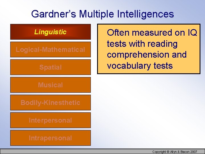 Gardner’s Multiple Intelligences Linguistic Logical-Mathematical Spatial Often measured on IQ tests with reading comprehension