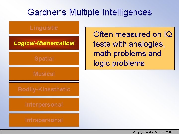 Gardner’s Multiple Intelligences Linguistic Logical-Mathematical Spatial Often measured on IQ tests with analogies, math