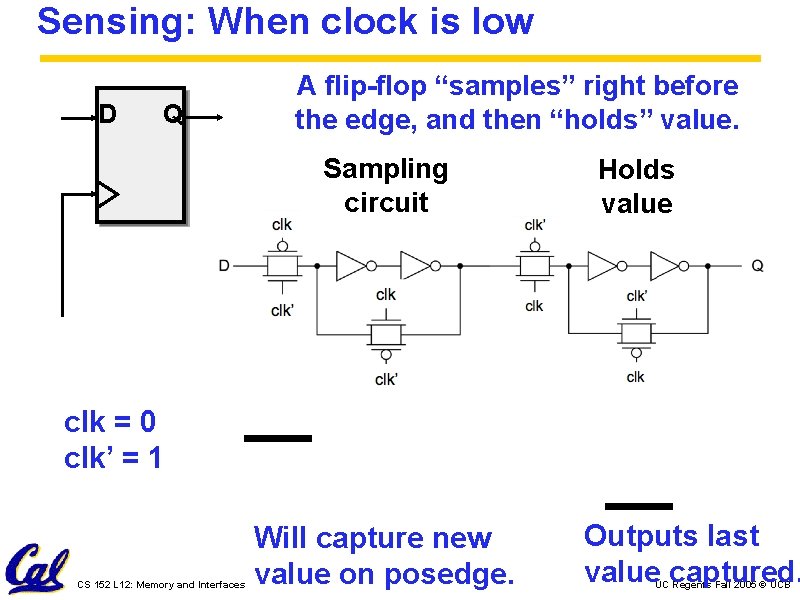 Sensing: When clock is low D Q A flip-flop “samples” right before the edge,