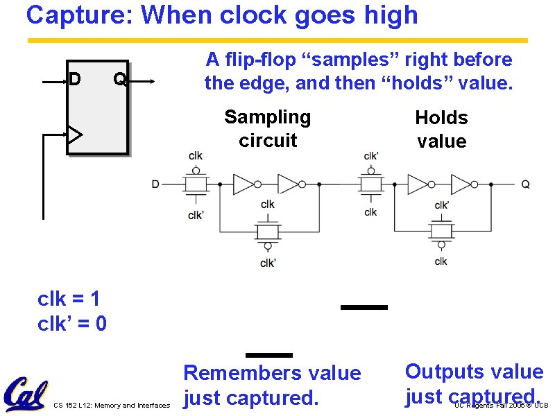 Capture: When clock goes high D Q A flip-flop “samples” right before the edge,