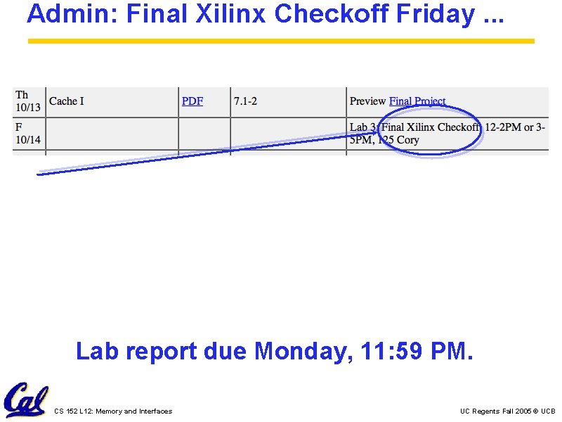 Admin: Final Xilinx Checkoff Friday. . . Lab report due Monday, 11: 59 PM.