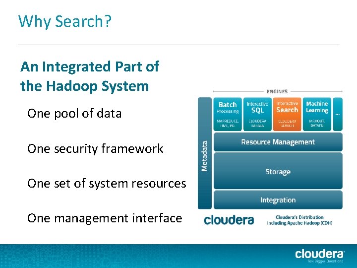 Why Search? An Integrated Part of the Hadoop System One pool of data One Why Search? An Integrated Part of the Hadoop System One pool of data One