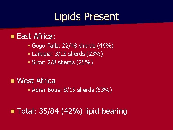 Lipids Present n East Africa: § Gogo Falls: 22/48 sherds (46%) § Laikipia: 3/13