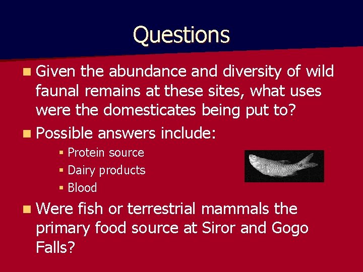 Questions n Given the abundance and diversity of wild faunal remains at these sites,