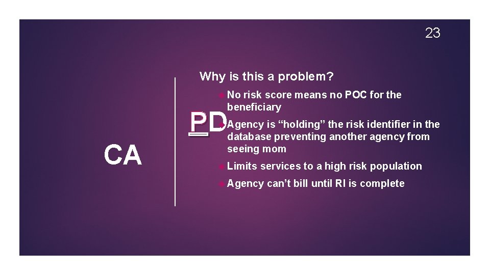 23 Why is this a problem? No risk score means no POC for the