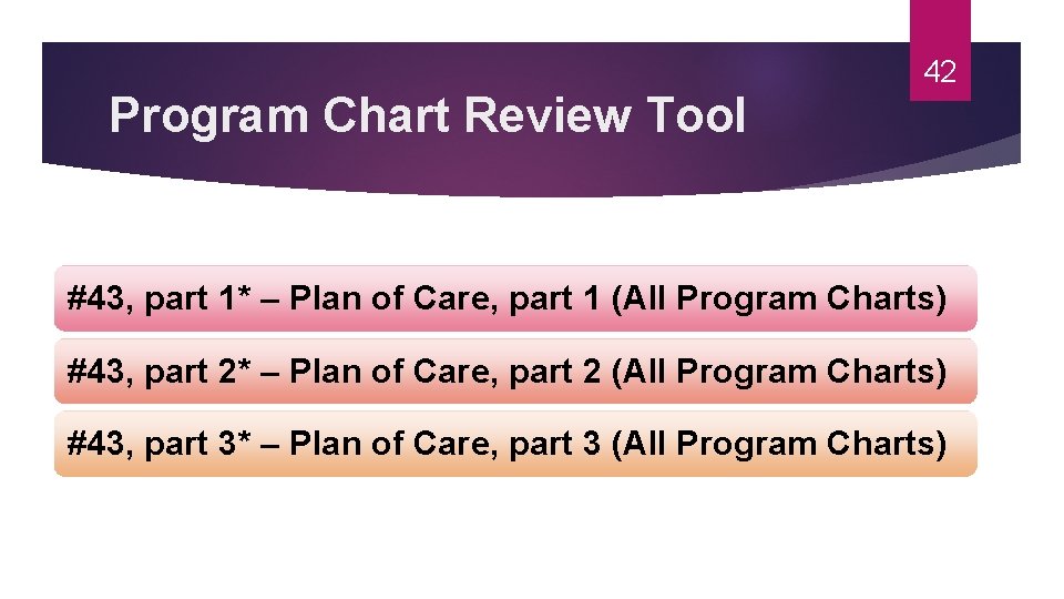 Program Chart Review Tool 42 #43, part 1* – Plan of Care, part 1