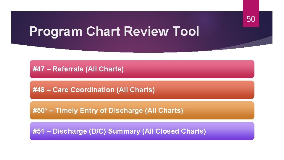 50 Program Chart Review Tool #47 – Referrals (All Charts) #48 – Care Coordination