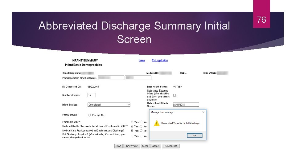 Abbreviated Discharge Summary Initial Screen 76 