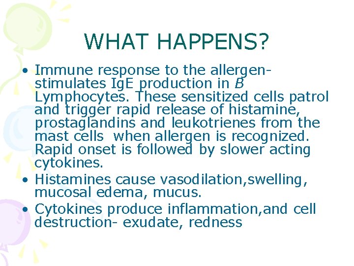 WHAT HAPPENS? • Immune response to the allergenstimulates Ig. E production in B Lymphocytes. WHAT HAPPENS? • Immune response to the allergenstimulates Ig. E production in B Lymphocytes.