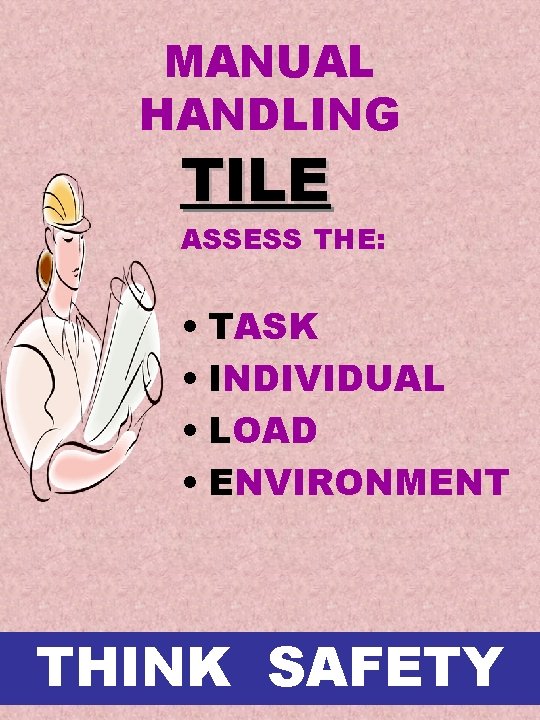 MANUAL HANDLING TILE ASSESS THE: • TASK • INDIVIDUAL • LOAD • ENVIRONMENT THINK MANUAL HANDLING TILE ASSESS THE: • TASK • INDIVIDUAL • LOAD • ENVIRONMENT THINK