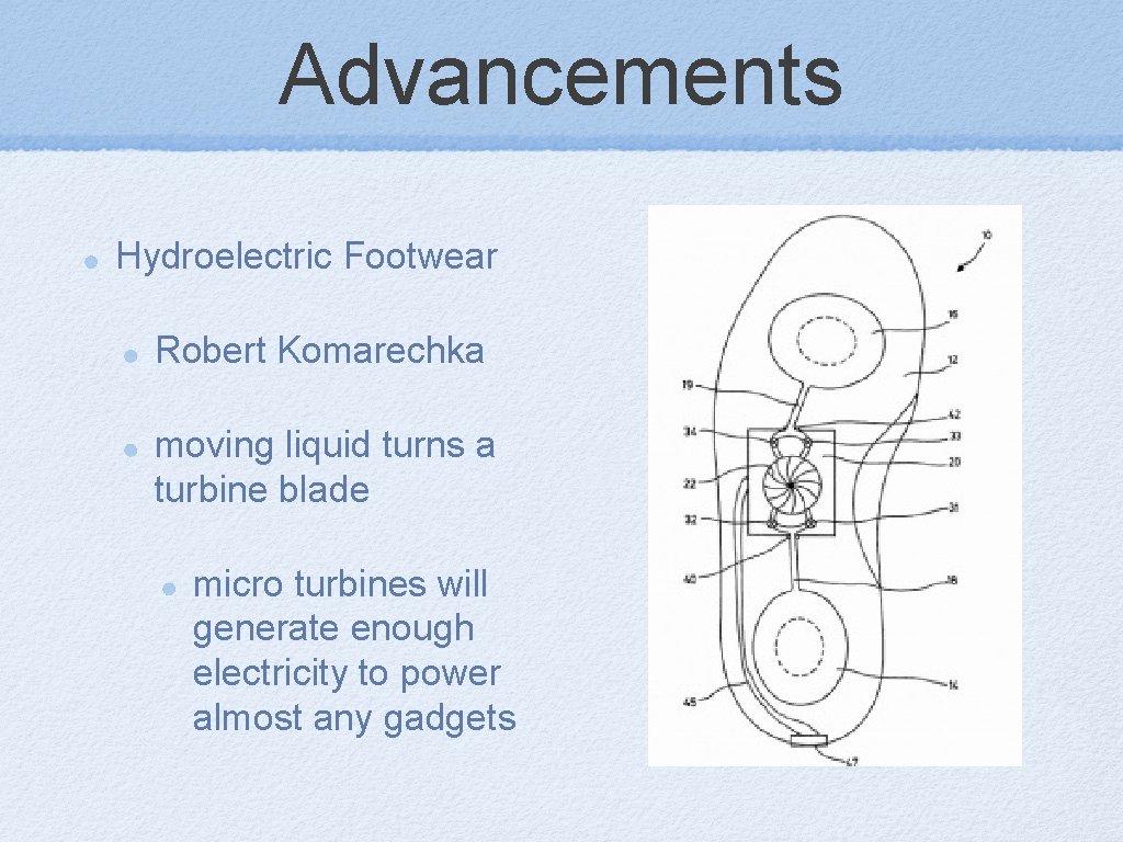 Advancements Hydroelectric Footwear Robert Komarechka moving liquid turns a turbine blade micro turbines will