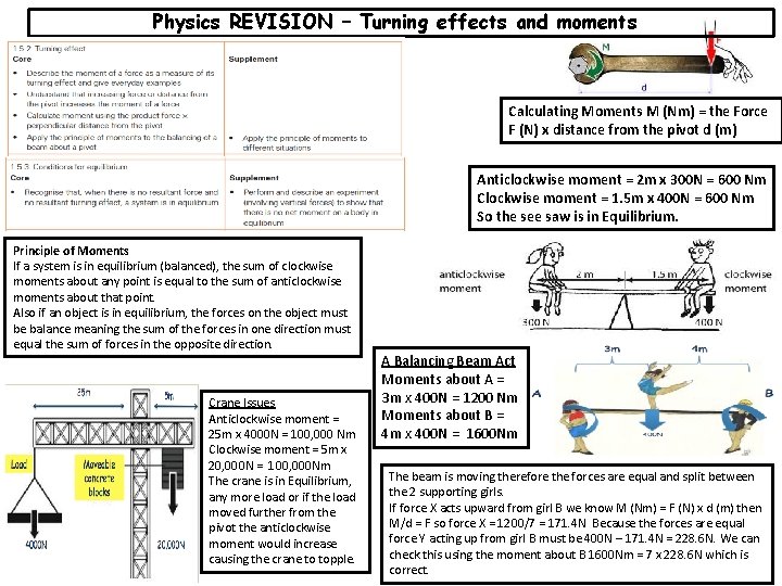 Physics REVISION – Turning effects and moments Calculating Moments M (Nm) = the Force