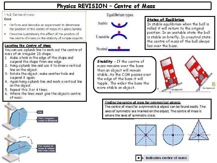 Physics REVISION – Centre of Mass Locating the Centre of Mass You can use