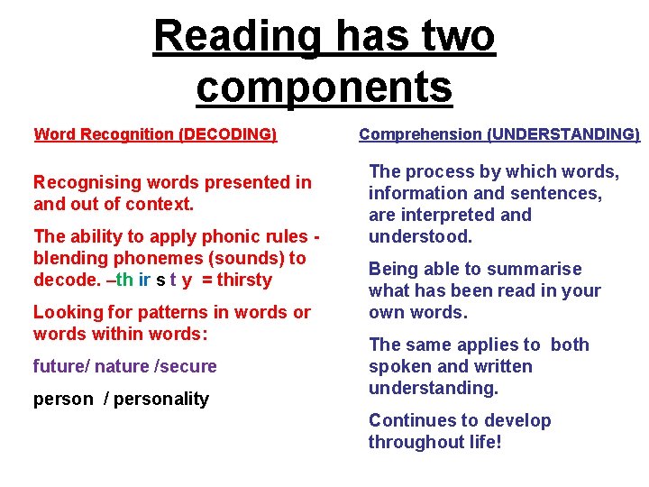 Reading has two components Word Recognition (DECODING) Recognising words presented in and out of